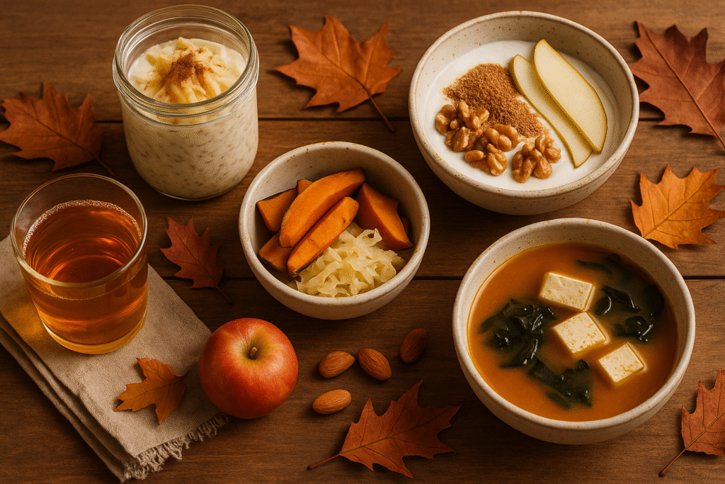 Warm fall flat-lay of six synbiotic pairings: probiotic foods with prebiotic partners.
