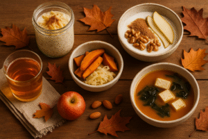 Warm fall flat-lay of six synbiotic pairings: probiotic foods with prebiotic partners.