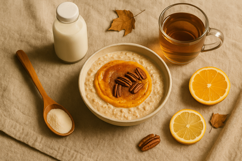 Overhead fall flat-lay: bowl of pumpkin-spice kefir overnight oats with pecans, kefir bottle, citrus slice, collagen scoop on wooden spoon, and herbal tea—warm, cozy palette.