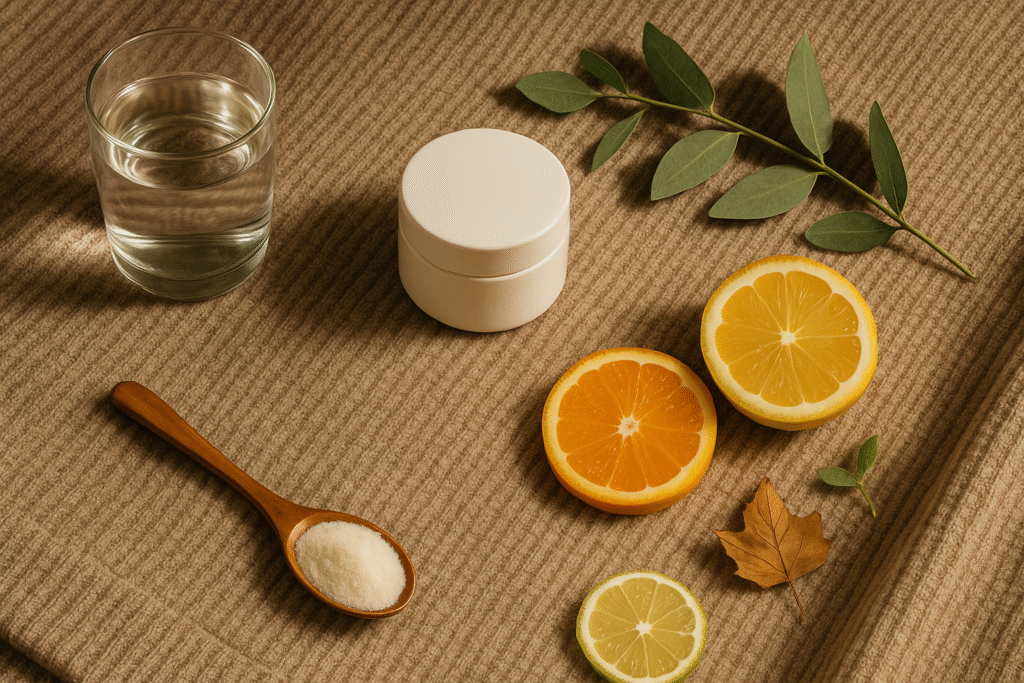 Flat-lay of sweater, moisturizer, glass of water, collagen powder and citrus—autumn skin support.