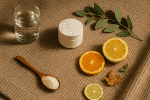 Flat-lay of sweater, moisturizer, glass of water, collagen powder and citrus—autumn skin support.