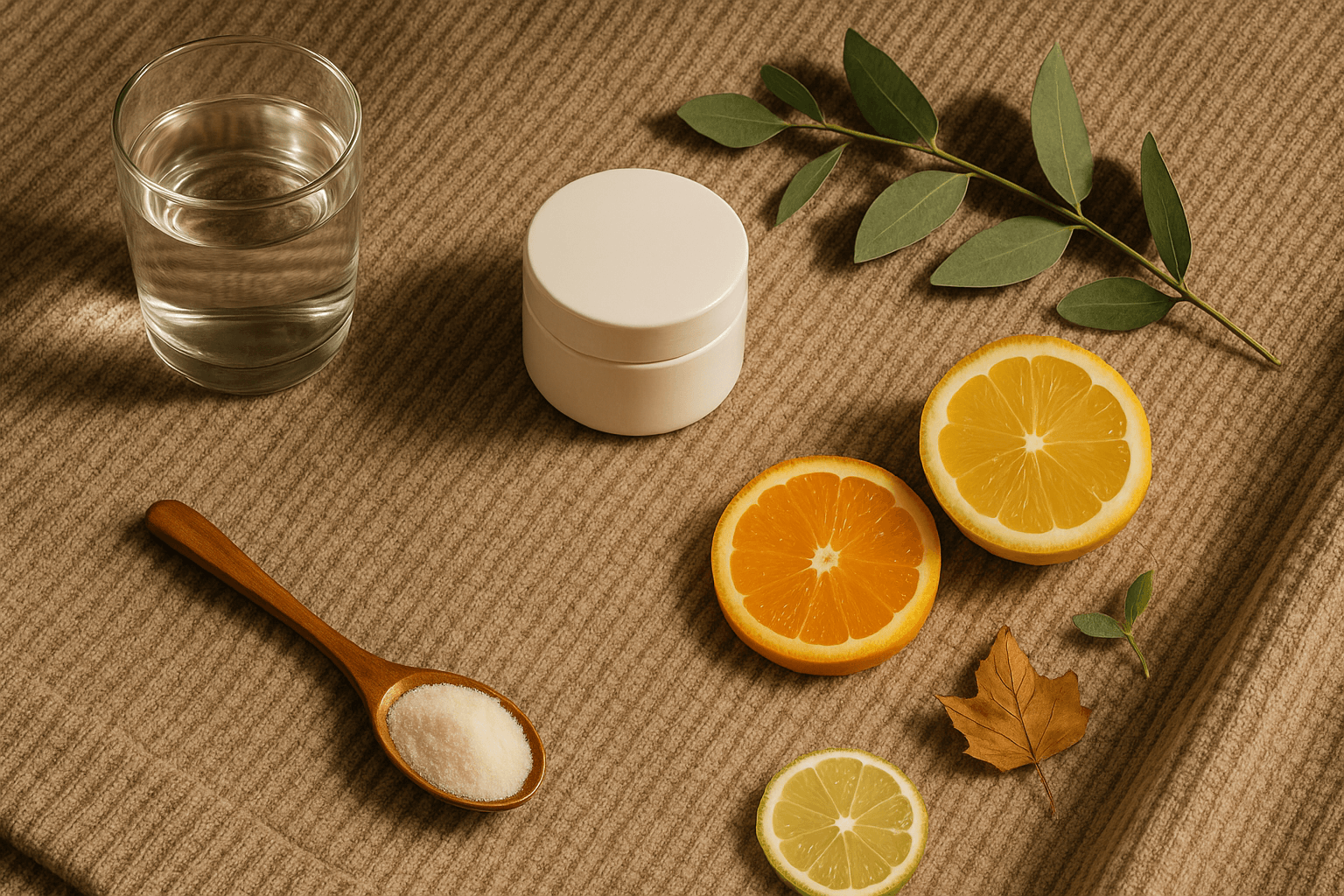 Flat-lay of sweater, moisturizer, glass of water, collagen powder and citrus—autumn skin support.