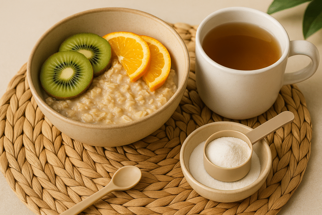 Oatmeal with kiwi/orange beside unbranded collagen scoop—inside-out skin support