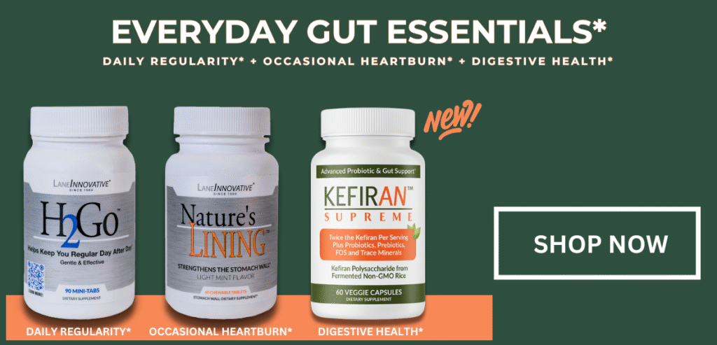 Everyday gut essentials banner: three bottles for daily regularity, occasional heartburn, and digestive health with a Shop Now button