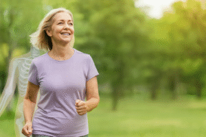 Smiling woman walking outdoors with translucent skeleton overlay showing bone strength from calcium absorption