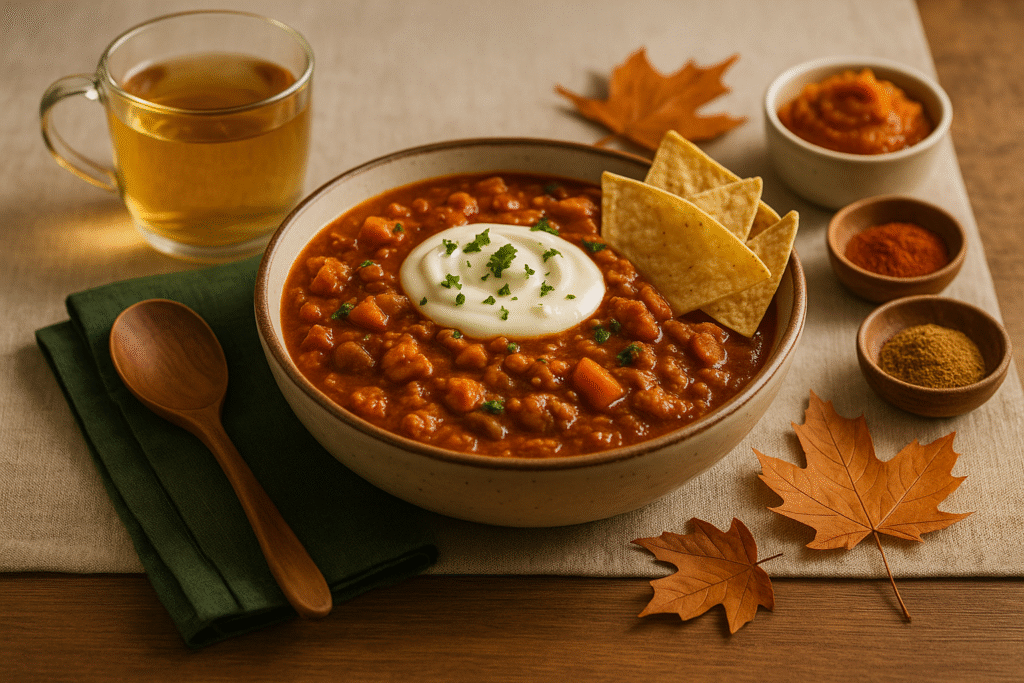 Tomato-light turkey–pumpkin chili with a yogurt dollop, baked tortilla chips, wooden spoon, and herbal tea—gentle, heartburn-friendly fall meal