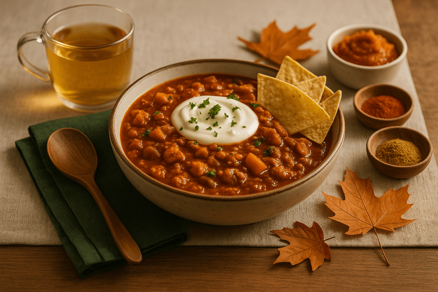 Tomato-light turkey–pumpkin chili with a yogurt dollop, baked tortilla chips, wooden spoon, and herbal tea—gentle, heartburn-friendly fall meal