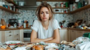Woman looking fatigued at a messy kitchen table with holiday leftovers, symbolizing the need for post-Thanksgiving digestive support