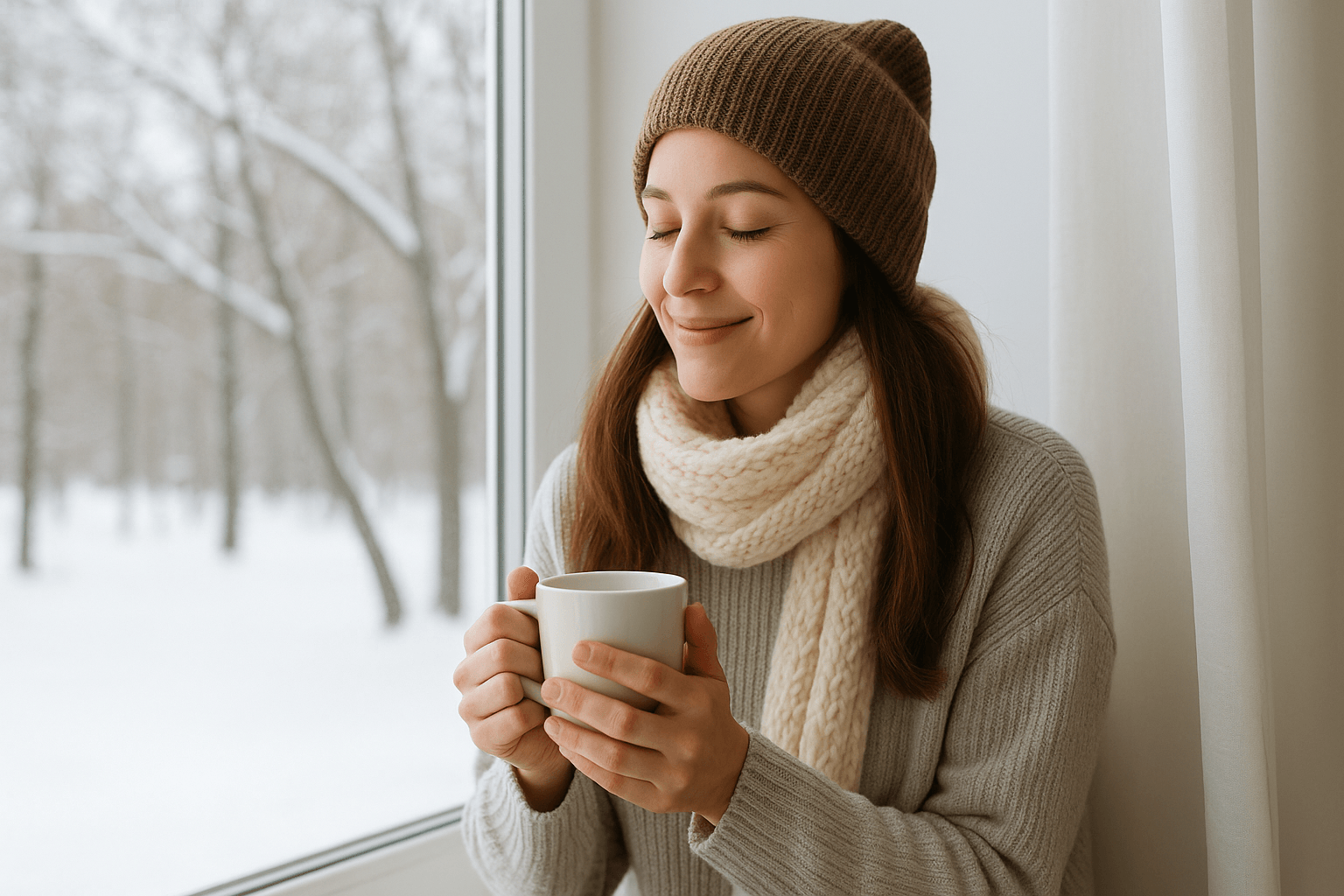 “Woman enjoying a warm drink by a window on a snowy winter day, representing calm winter wellness and immune health.”