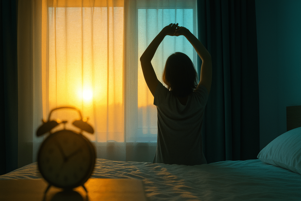 Morning light entering bedroom symbolizing healthy melatonin and sleep biorhythm.