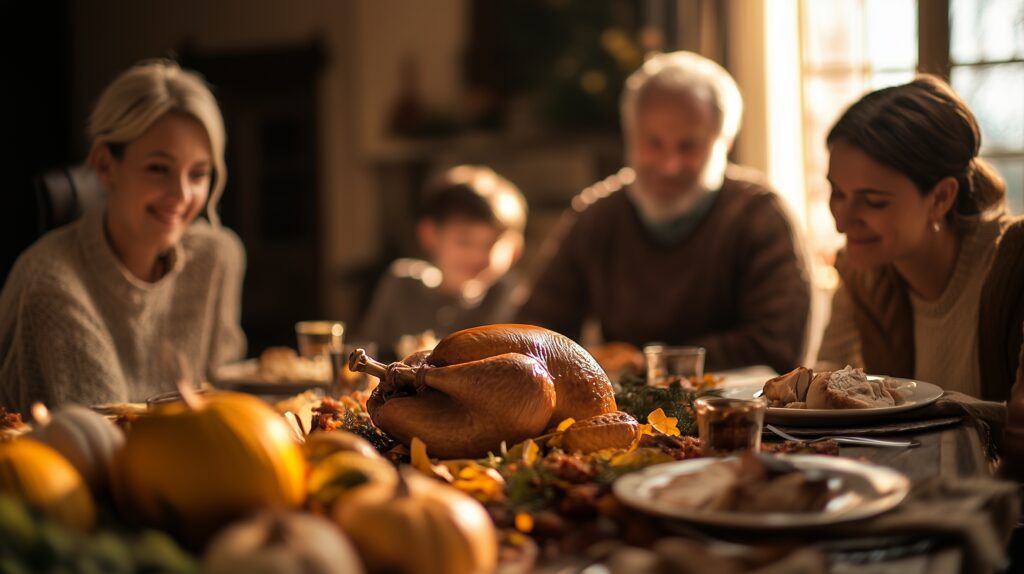 A warm Thanksgiving dinner scene with a family gathered around a table filled with turkey, seasonal vegetables, and holiday dishes, captured in soft, cozy lighting.