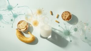 Flat-lay of kefir, sauerkraut, banana, and probiotic capsules on a pale teal background with soft swirling microbe shapes symbolizing gut balance and resilient microbes.