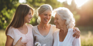 Three generations of women smiling outdoors, representing how calcium needs by age change from young adulthood through midlife and beyond.