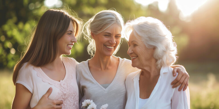 Three generations of women smiling outdoors, representing how calcium needs by age change from young adulthood through midlife and beyond.
