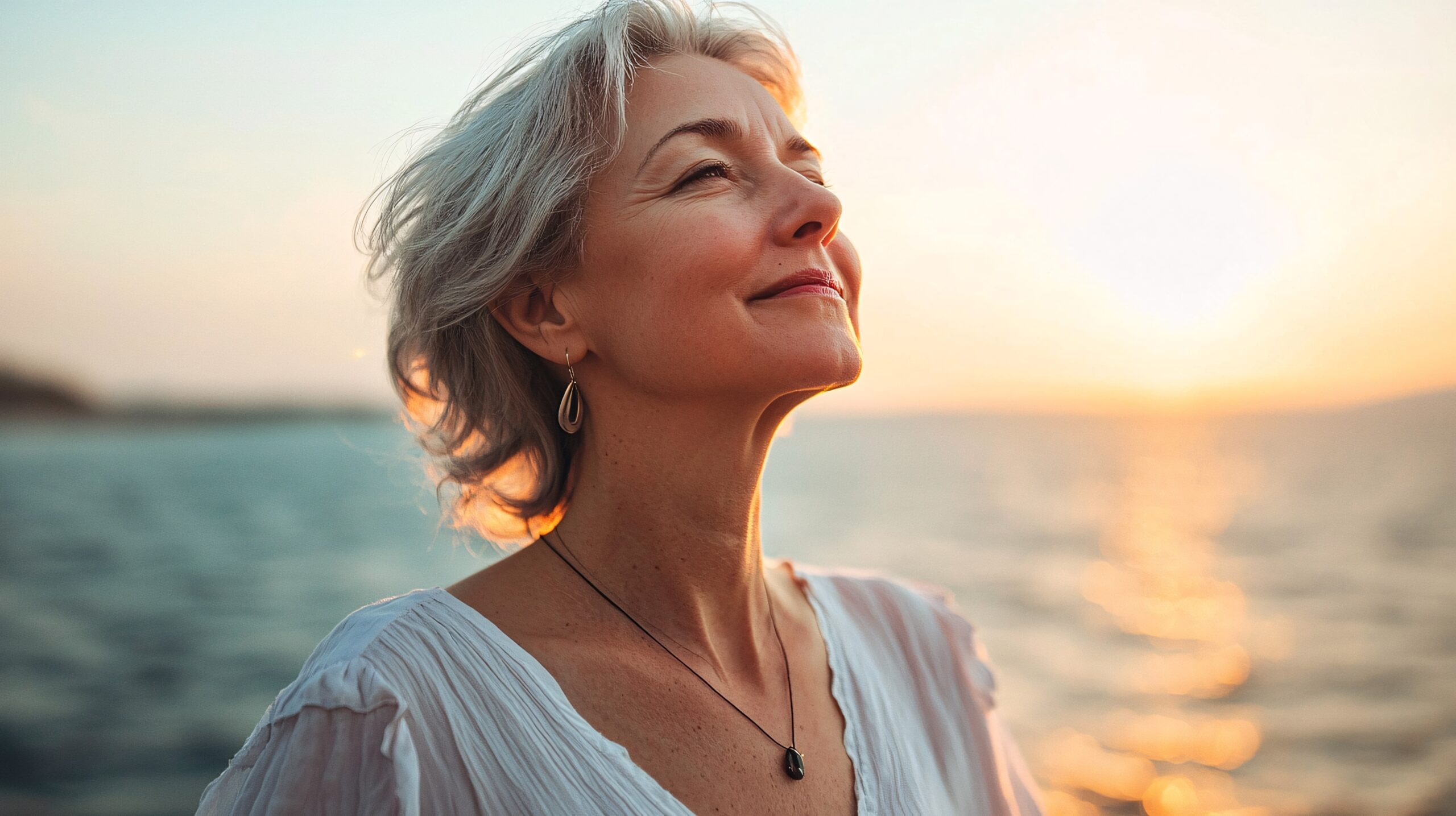Woman reflecting peacefully during menopause, symbolizing a personal and natural menopause support