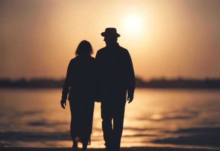 Middle-aged couple walking together at sunset, representing a calm and balanced approach to long-term wellness.