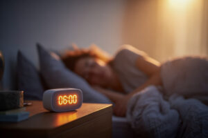 Circadian rhythm disruption after Daylight Saving Time shown by a 6:00 AM alarm clock and soft morning light in a bedroom.