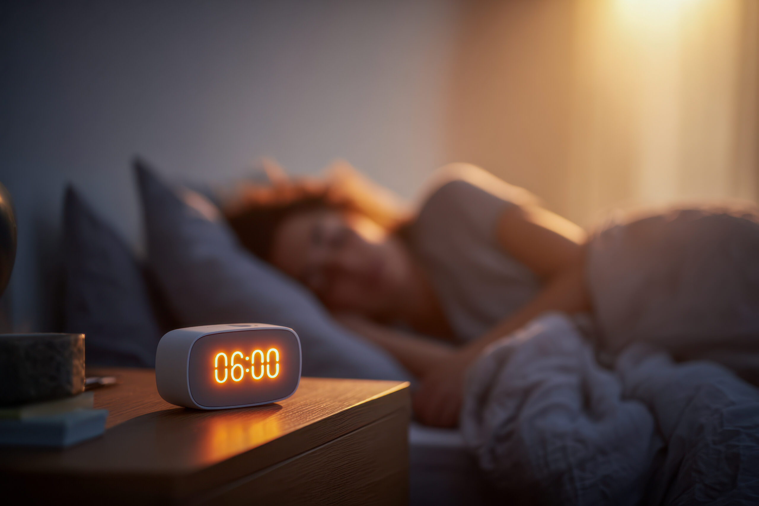 Circadian rhythm disruption after Daylight Saving Time shown by a 6:00 AM alarm clock and soft morning light in a bedroom.