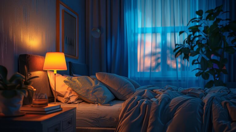 Bedroom setup designed to improve sleep environment with soft lighting, comfortable bedding, and a calm nighttime atmosphere.