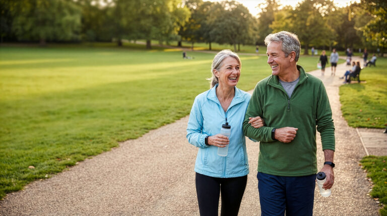 Couple enjoying an outdoor walk with water bottles to support summer immune health, hydration, and overall wellness during warm weather