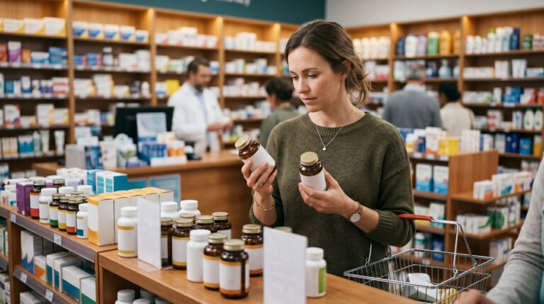 Woman comparing algae-based calcium supplements while evaluating bone health claims and scientific evidence.