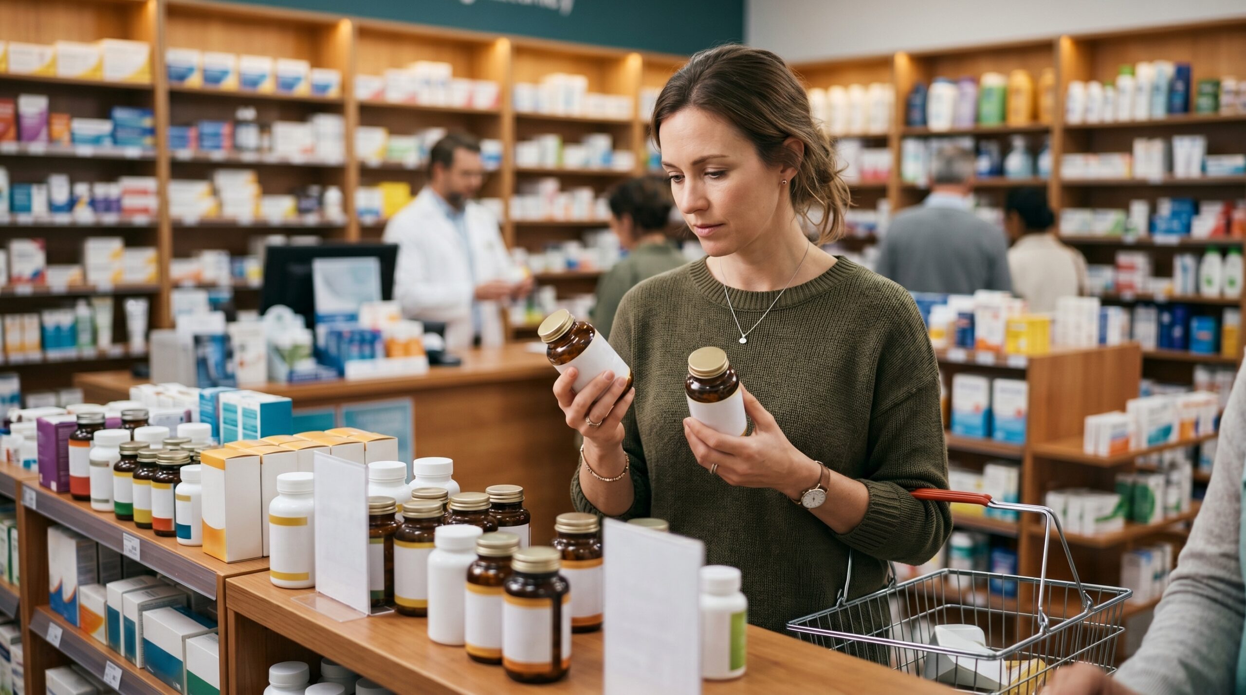 Woman comparing algae-based calcium supplements while evaluating bone health claims and scientific evidence.