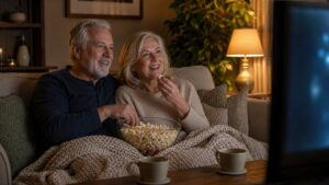 Mature couple relaxing at home as part of a nighttime routine for better sleep
