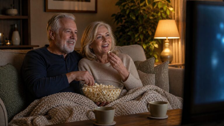 Mature couple relaxing at home as part of a nighttime routine for better sleep