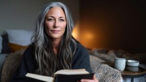 Woman over 50 reading in a softly lit bedroom as part of a sleep after 50 nighttime routine.