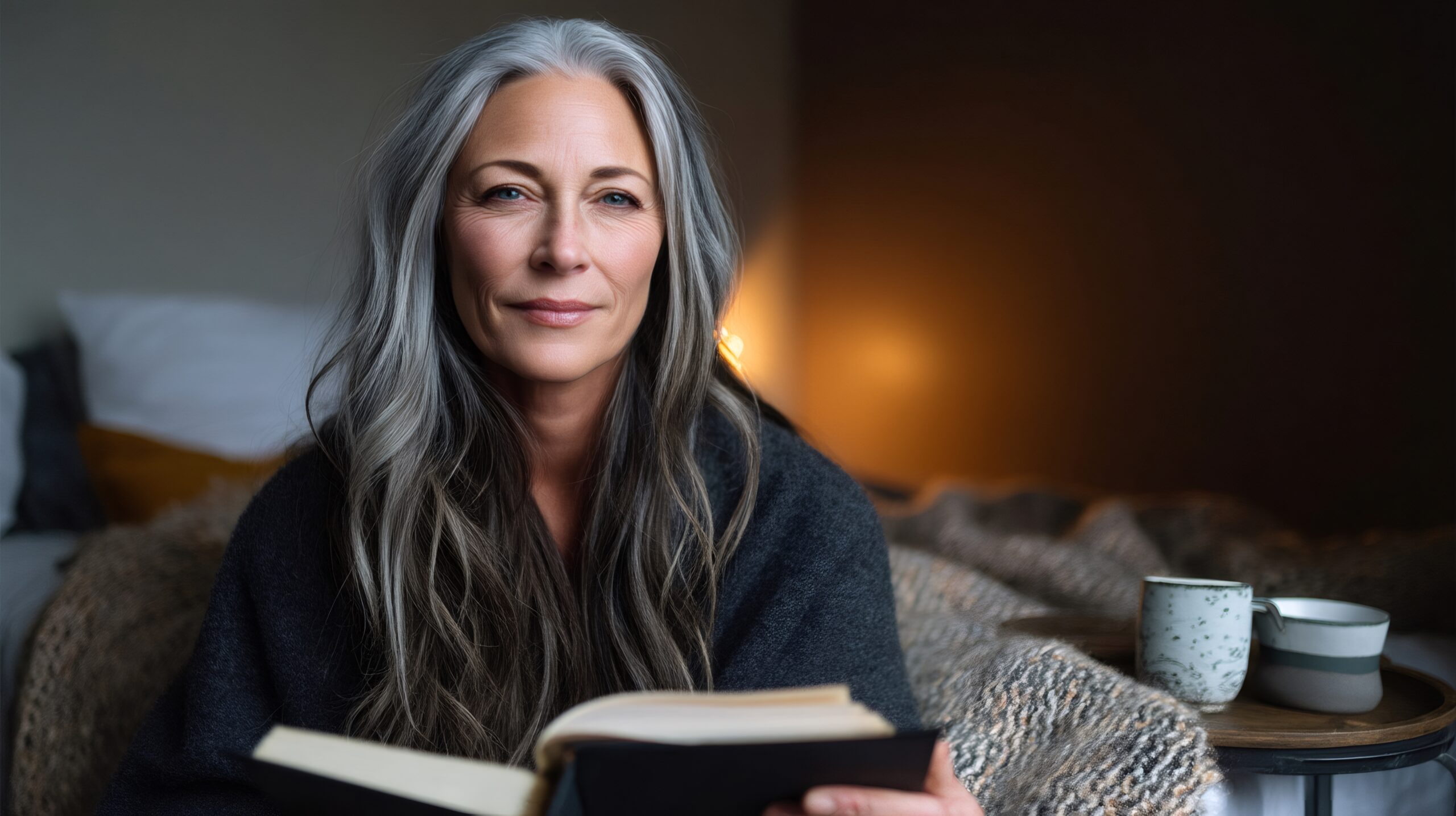 Woman over 50 reading in a softly lit bedroom as part of a sleep after 50 nighttime routine.
